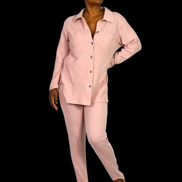 Vintage Stirrup Pant Set Dusty Pink Blush Waffle Knit Shirt Shacket CoOrd Small - Picture 8 of 14